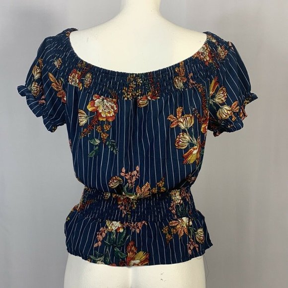 OLM Blue Floral Striped Blouse Medium - Picture 7 of 8